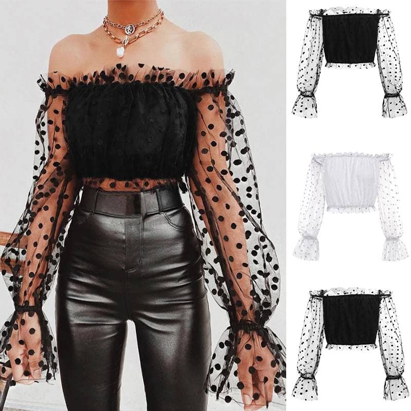 Polka Dot Lantern Long-Sleeved One-Word Neck Gauze