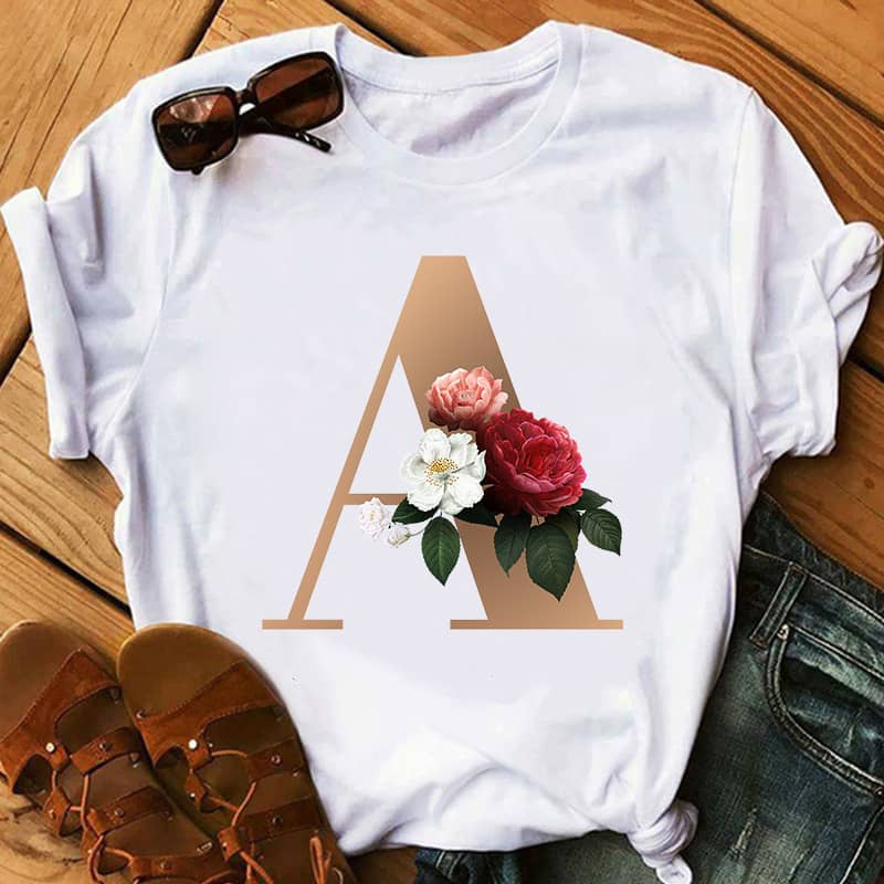 Women's Gold 26 Letters Printed Short Sleeved T Shirt Top
