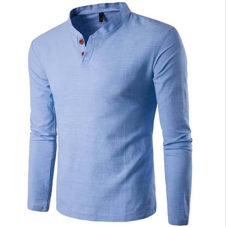 Men's Linen Stand Collar Two Button Long Sleeve Cotton Li…