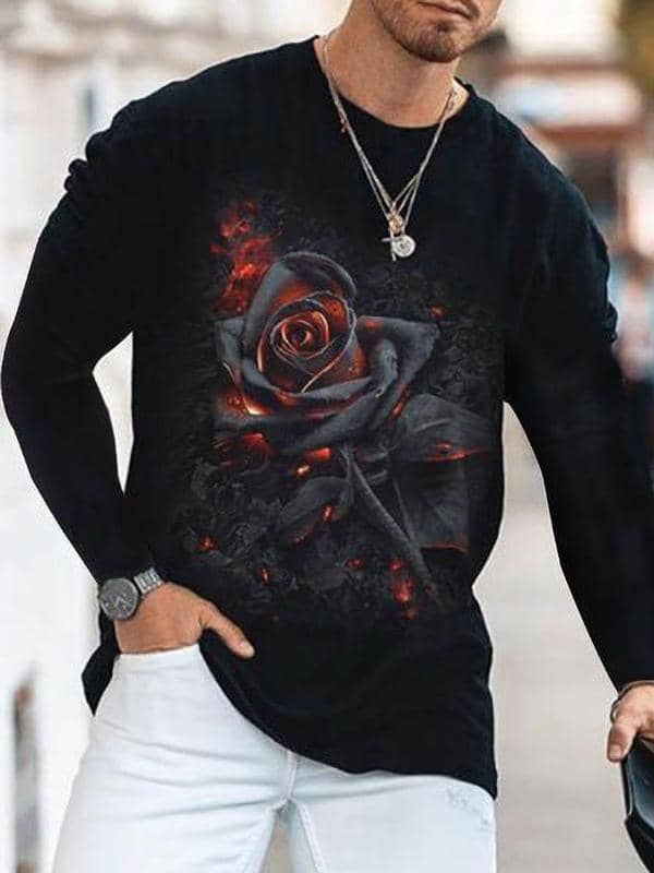 Men's Black Rose Print Casual Long Sleeved T Shirt