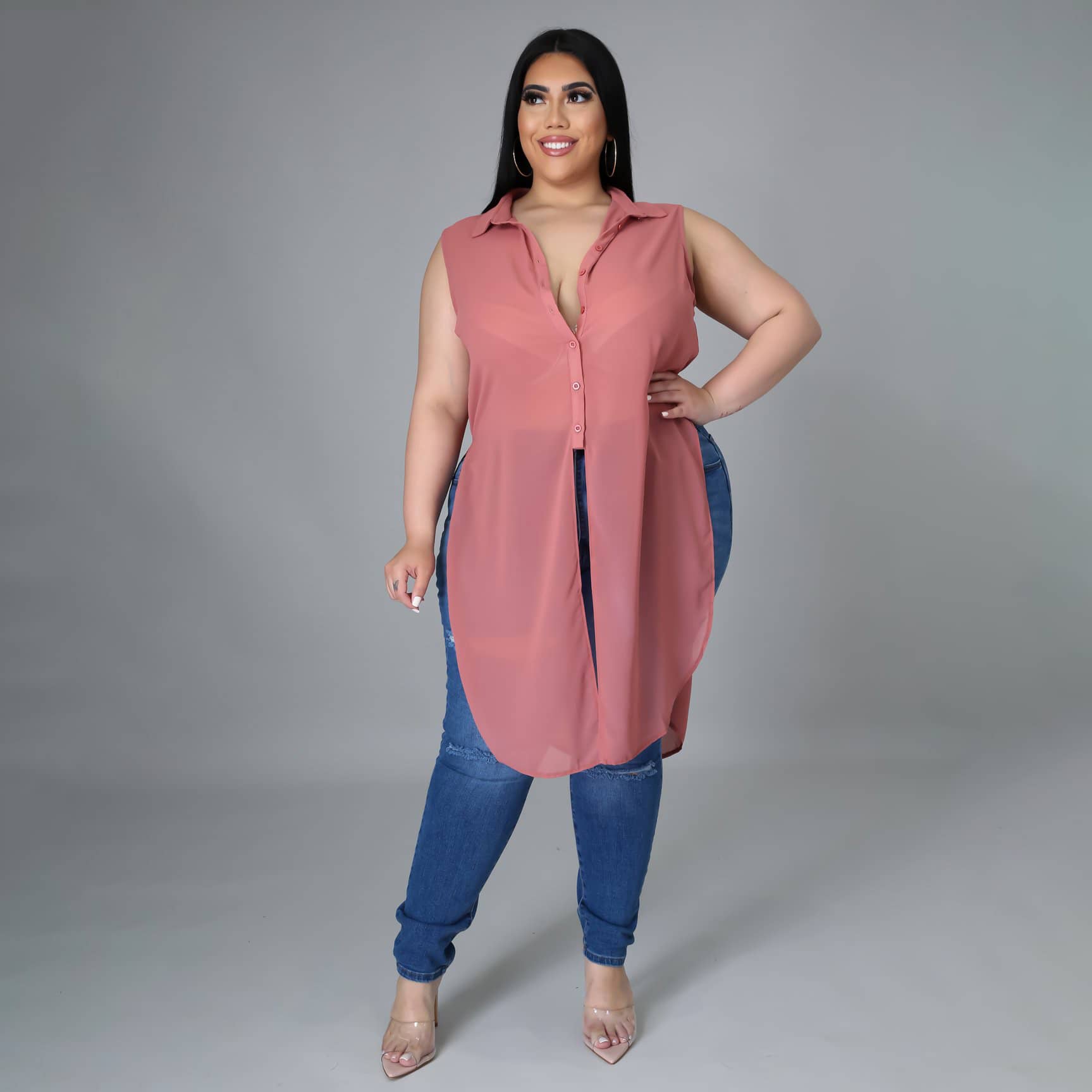 Lace-up Slit Chiffon Solid Color Plus Size Women's Long S…