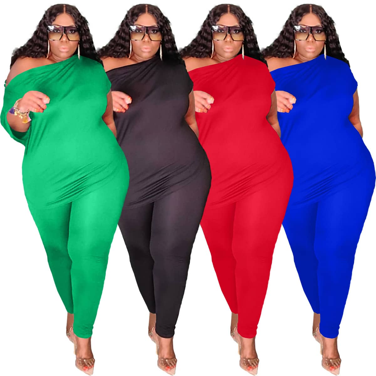 Plus Size Women's Fashion Oblique Shoulder Casual Solid C…