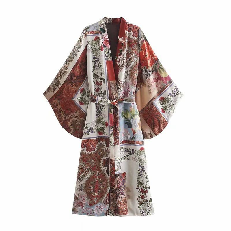Retro Patchwork Printed Kimono Jacket Pants