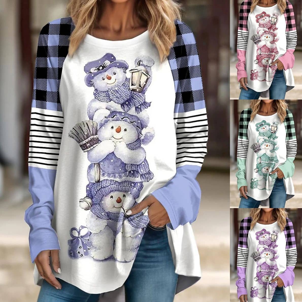 Women's Cartoon Printed Round Neck Long-sleeved T-shirt Top