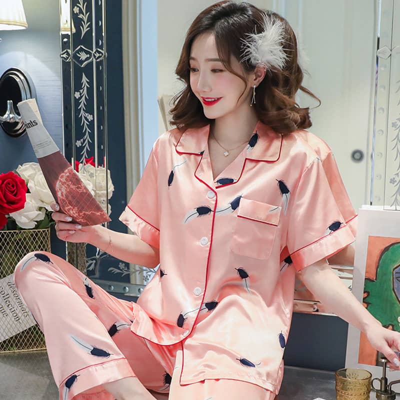 Pajamas Women's Summer Ice Silk Thin Short Sleeve Two-pie…