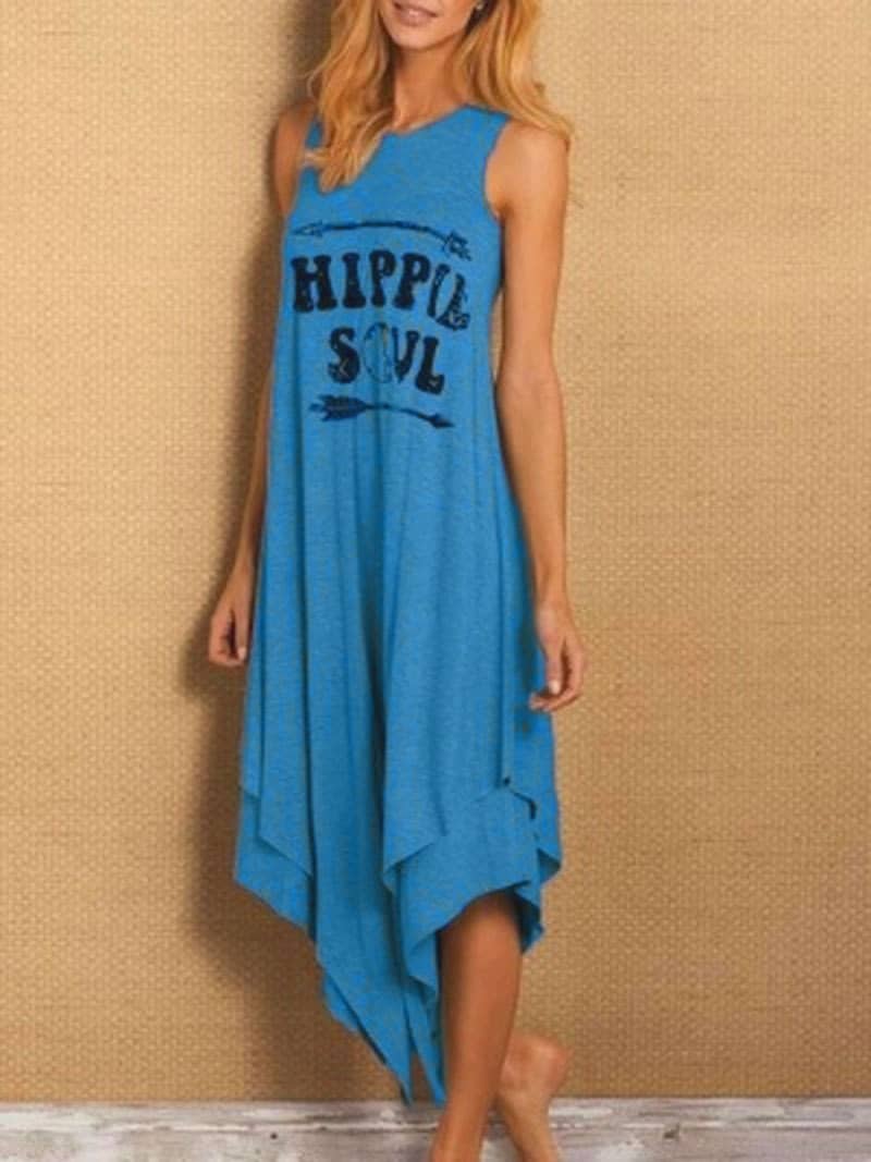 Sleeveless Letter Print Irregular Round Neck Dress