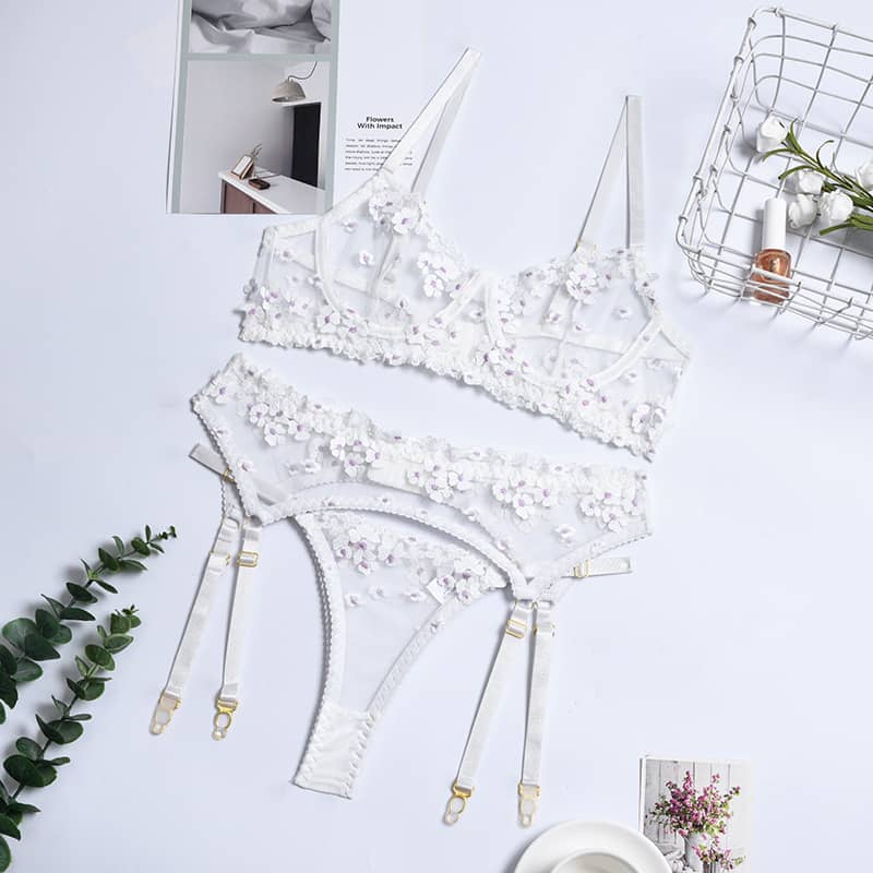 Sexy Lingerie Ladies Three-piece Embroidered Steel Ring