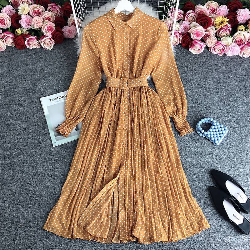 Women's POLO Collar Slim Fit Long Polka Dot Chiffon Pleat…