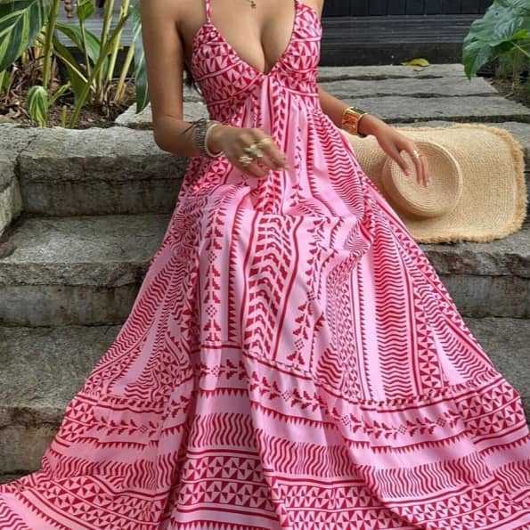 Summer New Print Seaside Resort-style V-neck Halter Dress…